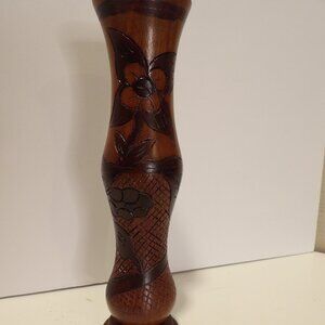 +Vintage 1980s Hand Carved Etched Hand Turned Wood Floral Vase 10" Boho